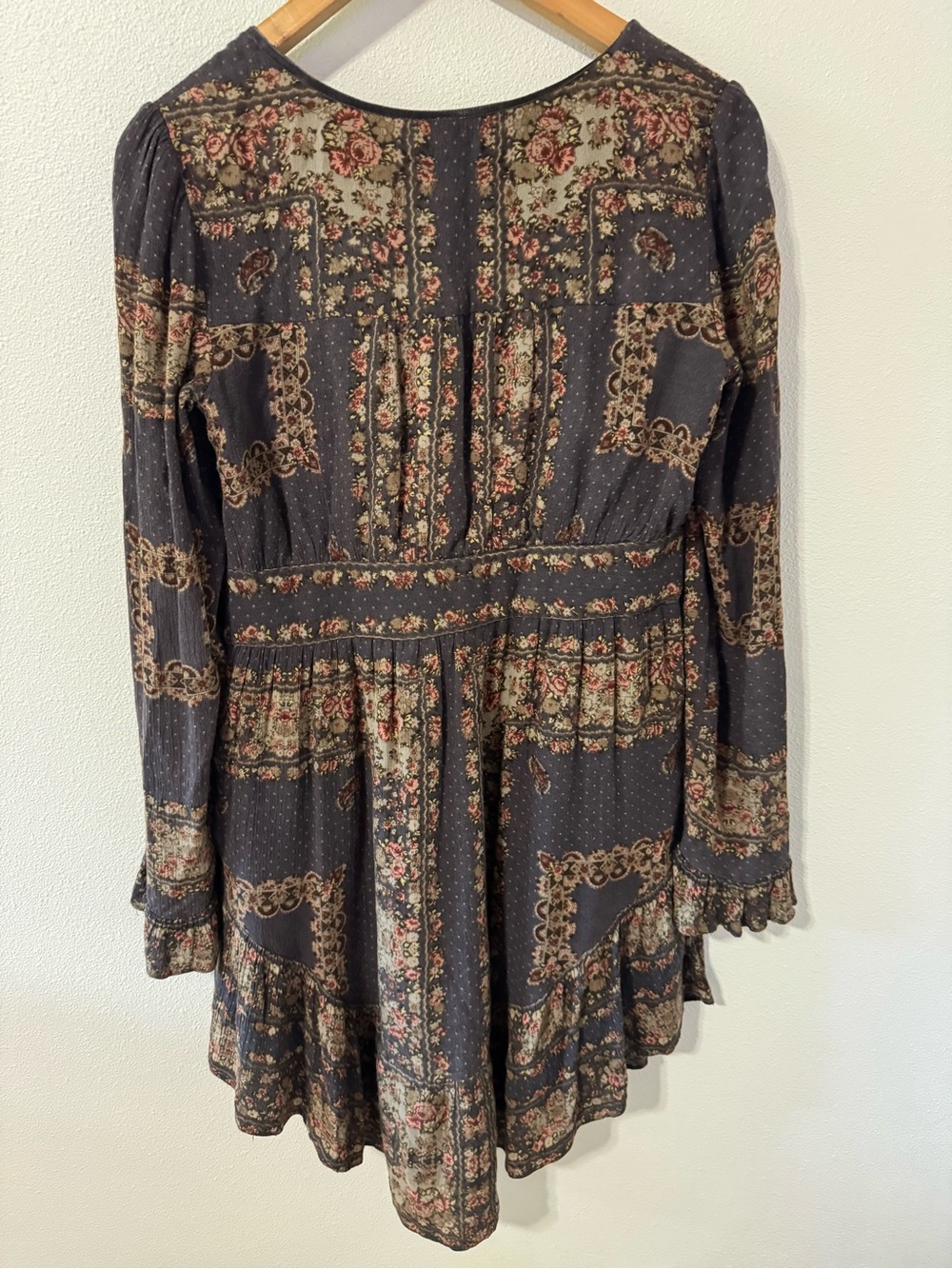 Free People Bridgette Mini Dress Brown Floral V Neck Tie Long Sleeve Peasant-S - Picture 3 of 11